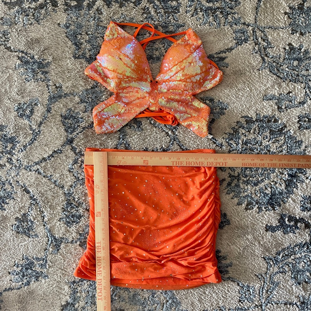 Orange Sequin Butterfly Crop Top Ruched Mini Skirt Two Piece Set Euphoria Rave M - Picture 10 of 10